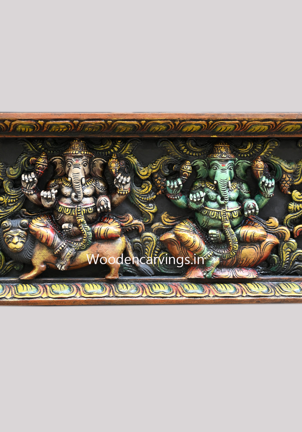 Wooden Colourful Horizontal Asta Ganesha Unique Forms Entrance and Pooja Room Decoration Horizontal Panel 73"