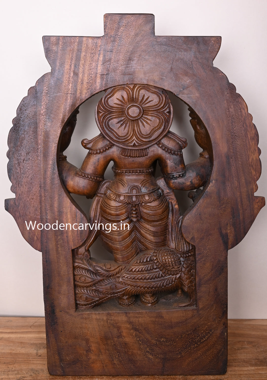Arch Lord Four Arms Murugar Blessing Auspicious Wooden Sculpture With His Vahana Peacock 30"