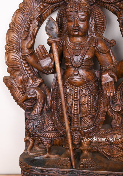 Arch Lord Four Arms Murugar Blessing Auspicious Wooden Sculpture With His Vahana Peacock 30"