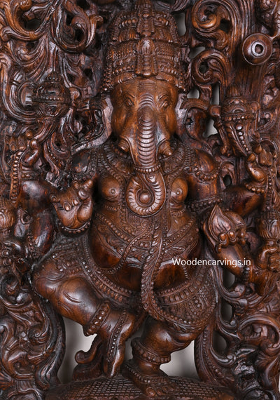 Petal Lotus Dancing Ganapathy With Six Powerful Arms Holding Various Things Jali Work Wall Mount 49"