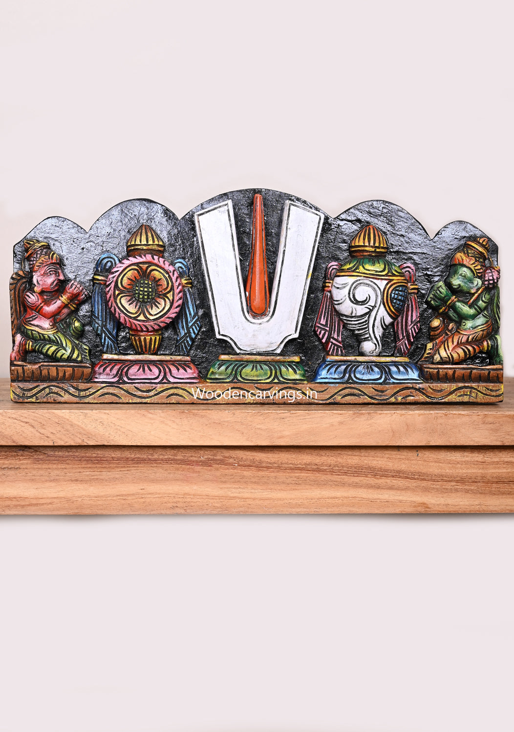 Wooden Lord Balaji Light Weight Thirunamam Conch and Chakra With Hanuman Ji and Garudar Wooden Wall Panel 18"