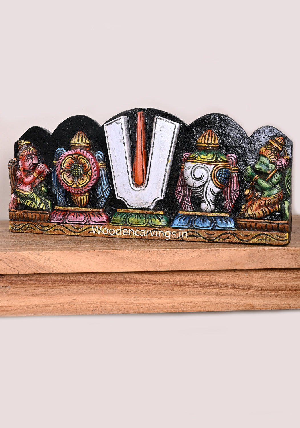 Wooden Lord Balaji Light Weight Thirunamam Conch and Chakra With Hanuman Ji and Garudar Wooden Wall Panel 18"