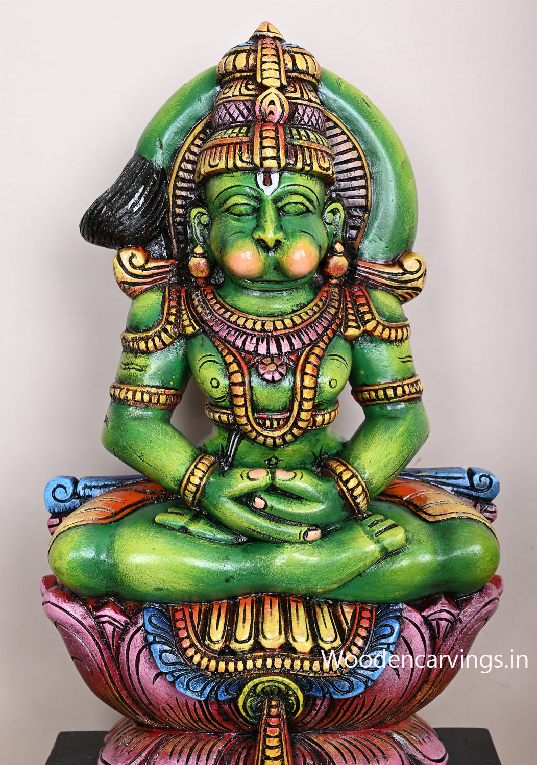 Wooden Colourful Green Lord Hanuman Sitting On Pink Lotus Doing Thyana Beautiful Sculpture 24"