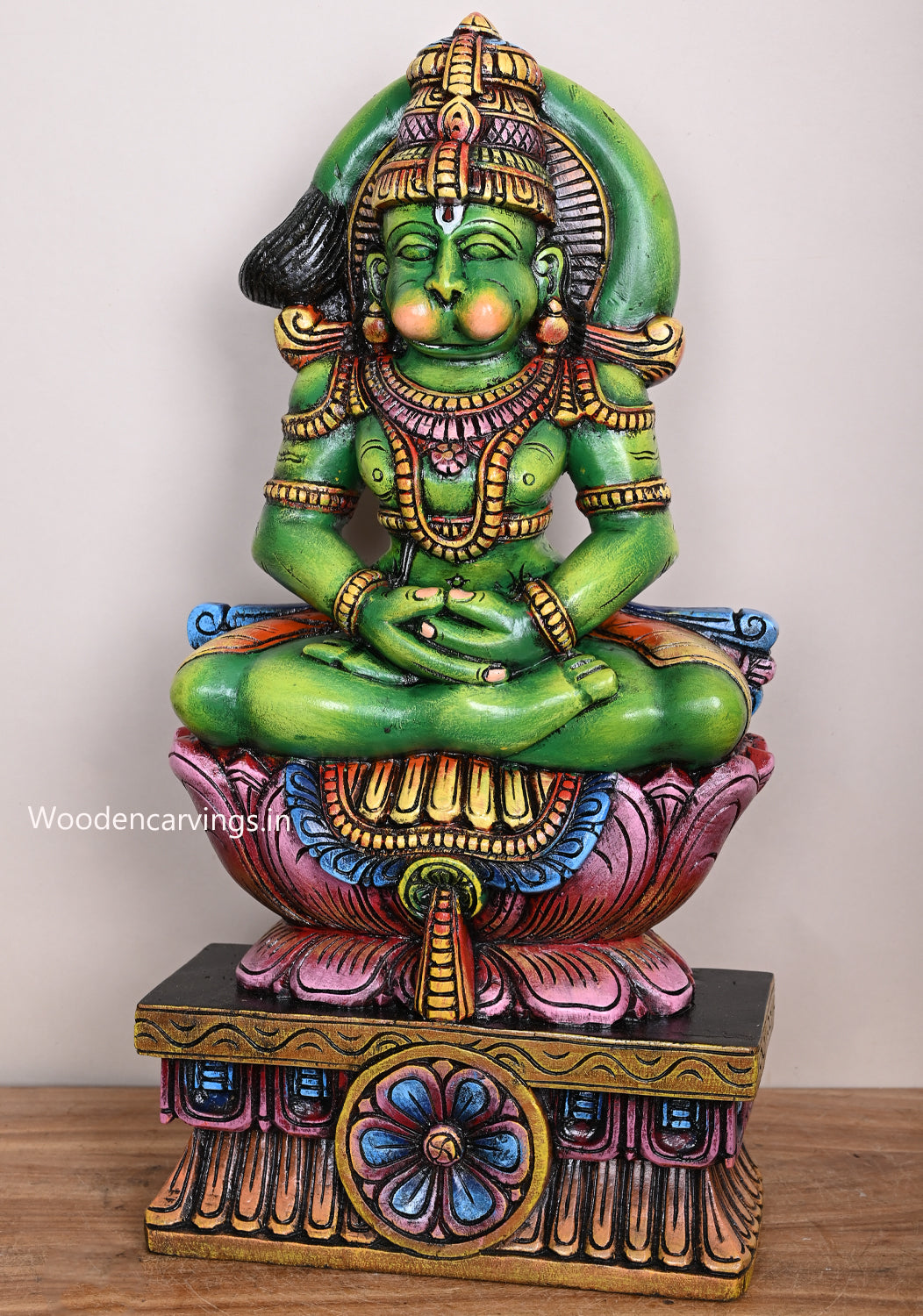 Wooden Colourful Green Lord Hanuman Sitting On Pink Lotus Doing Thyana Beautiful Sculpture 24"
