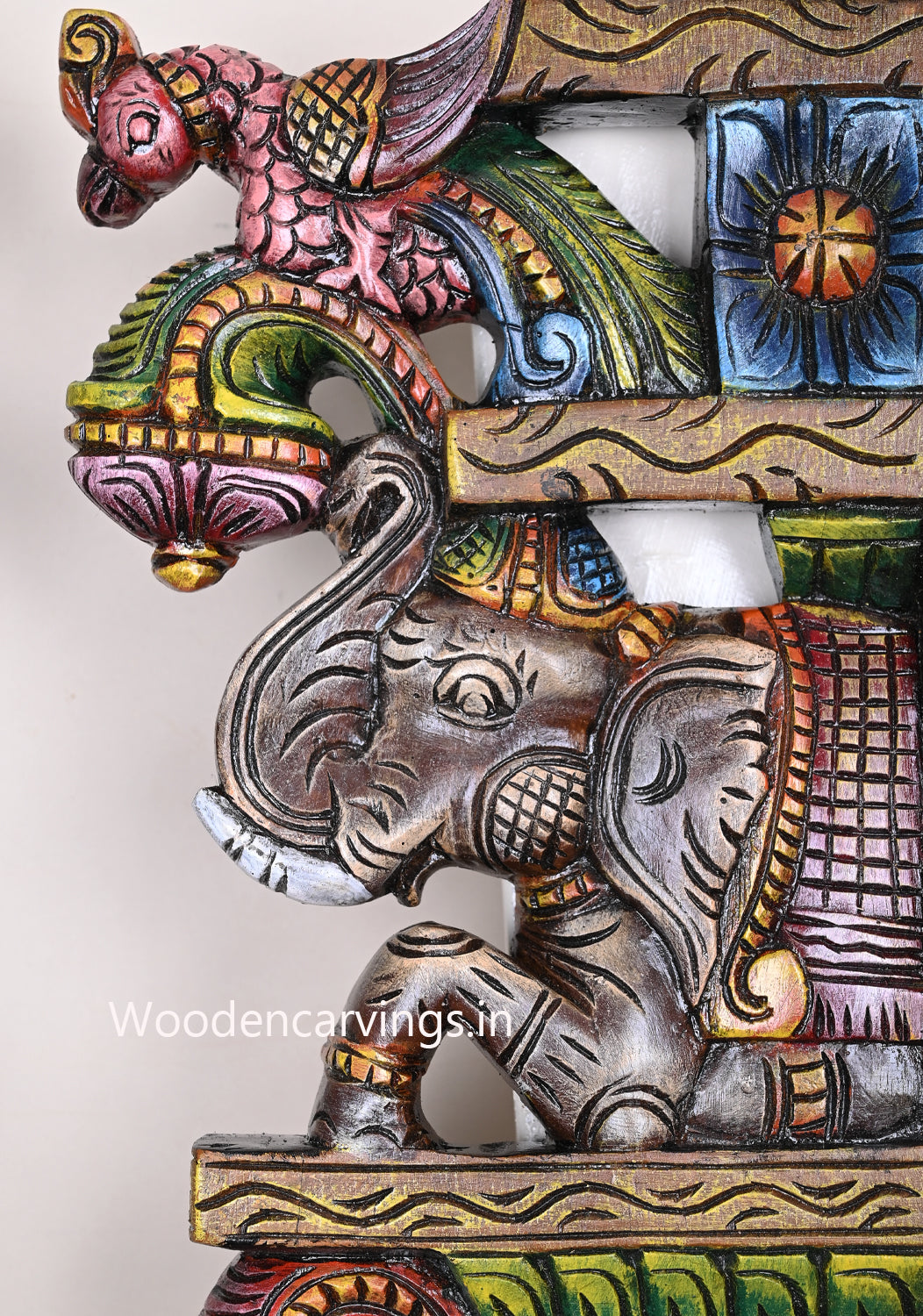 Wooden Colourful Elephants With Handmade Parrots Hooks Fixed Light Weight Wall Decor Wall Brackets 15"