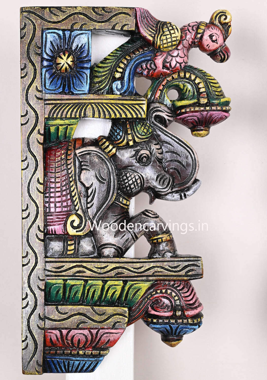 Wooden Colourful Elephants With Handmade Parrots Hooks Fixed Light Weight Wall Decor Wall Brackets 15"