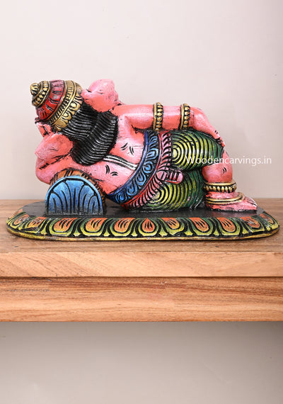 Pink Reclining Wealthy Prosperity Light Weight Lord Ganesha Wooden Horizontal Coloured Wall Mount 15"