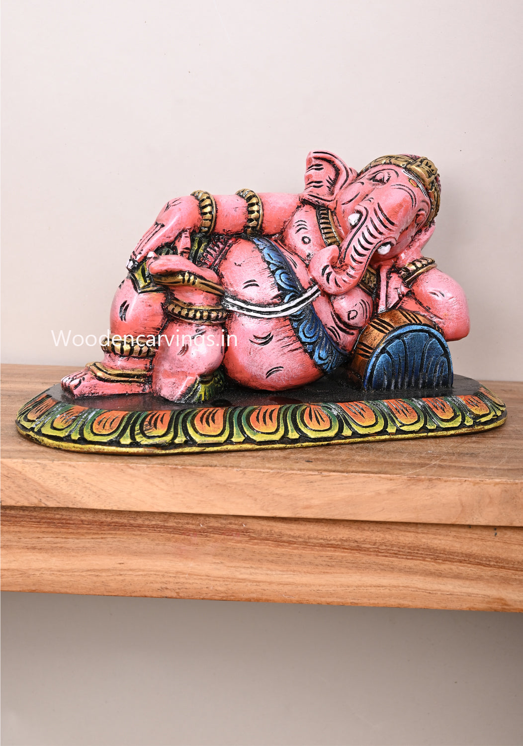 Pink Reclining Wealthy Prosperity Light Weight Lord Ganesha Wooden Horizontal Coloured Wall Mount 15"