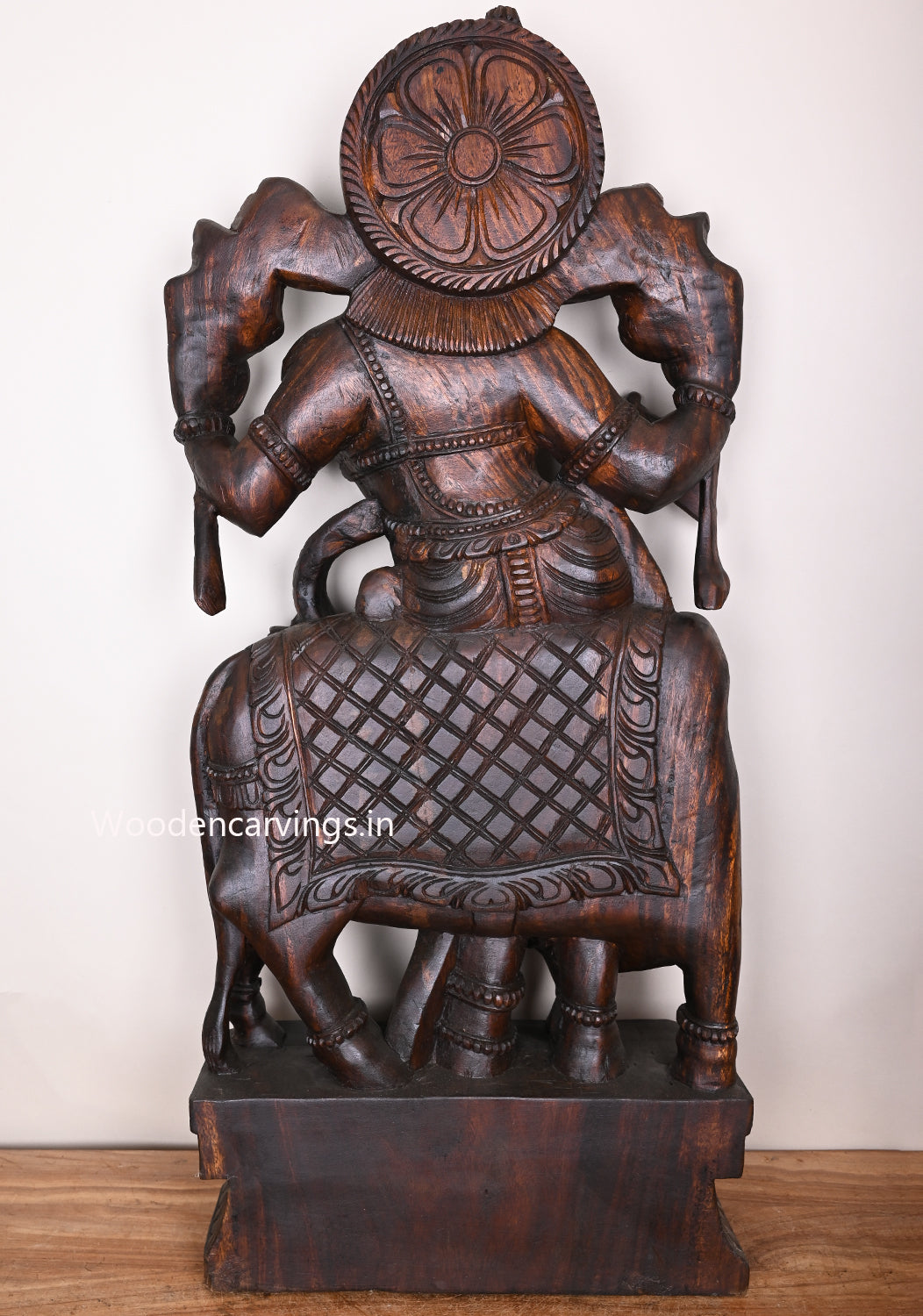 Wooden Govindha Krishna With His Favourite Animal Cow Relaxly Stand and Playing Flute Wooden Sculpture 48"