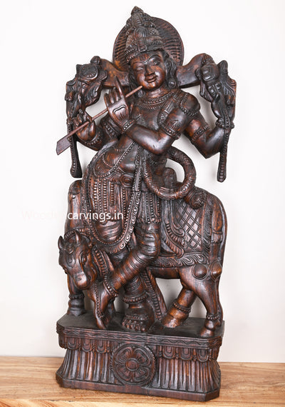 Wooden Govindha Krishna With His Favourite Animal Cow Relaxly Stand and Playing Flute Wooden Sculpture 48"
