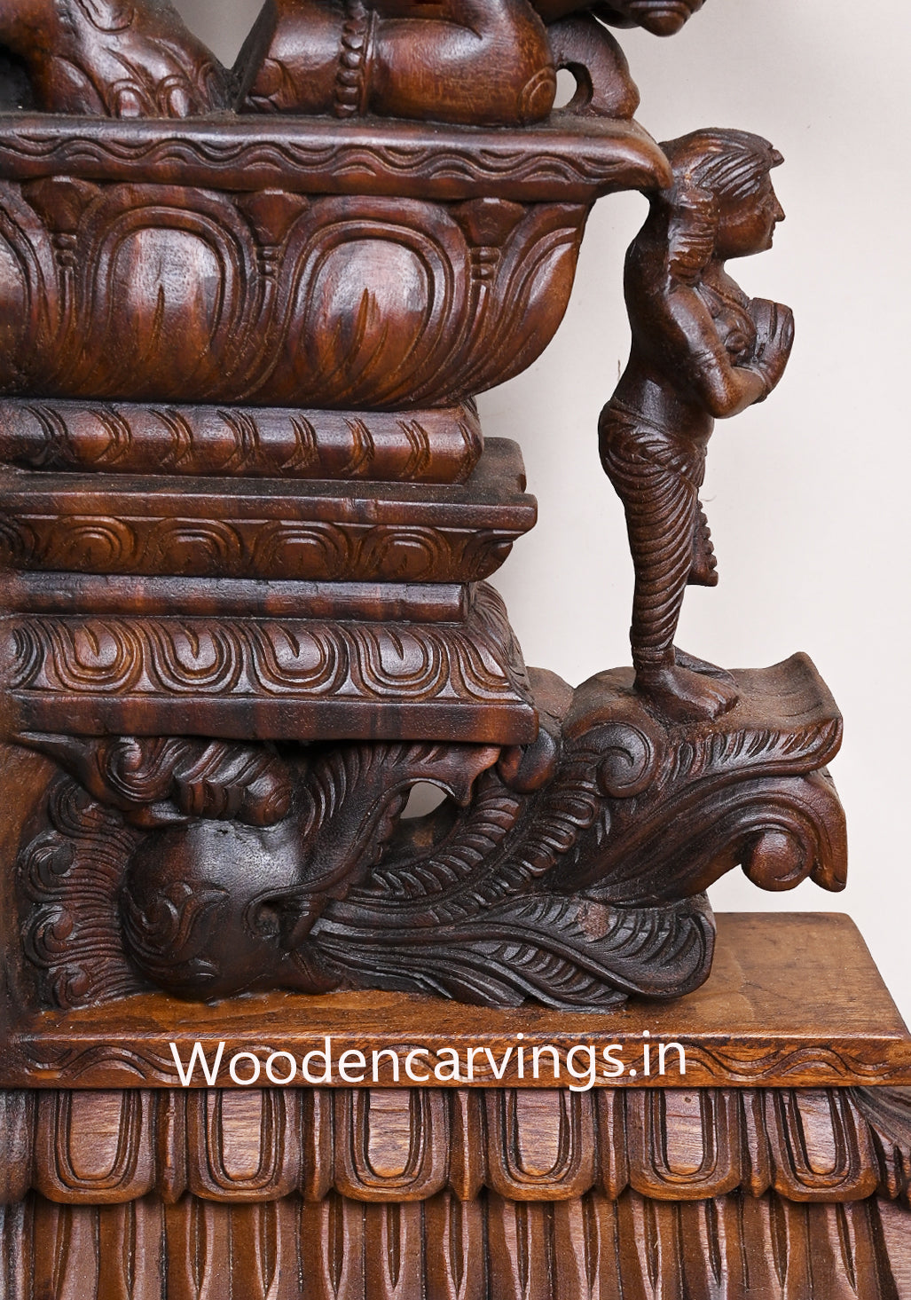 Decorative Handcrafted Wooden Wax Brown Finishing Standing Yaazhi With Elephants Wall Brackets 48.5"