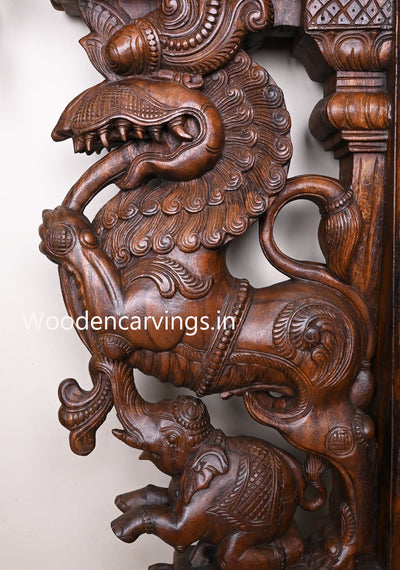 Decorative Handcrafted Wooden Wax Brown Finishing Standing Yaazhi With Elephants Wall Brackets 48.5"