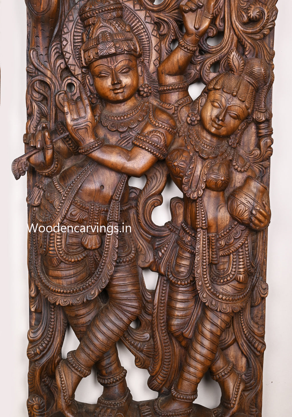 Stunning Beautiful Artwork of Lord Krishna With Radha Standing on Lotus Jali Work Wall Mount Sculpture 71"