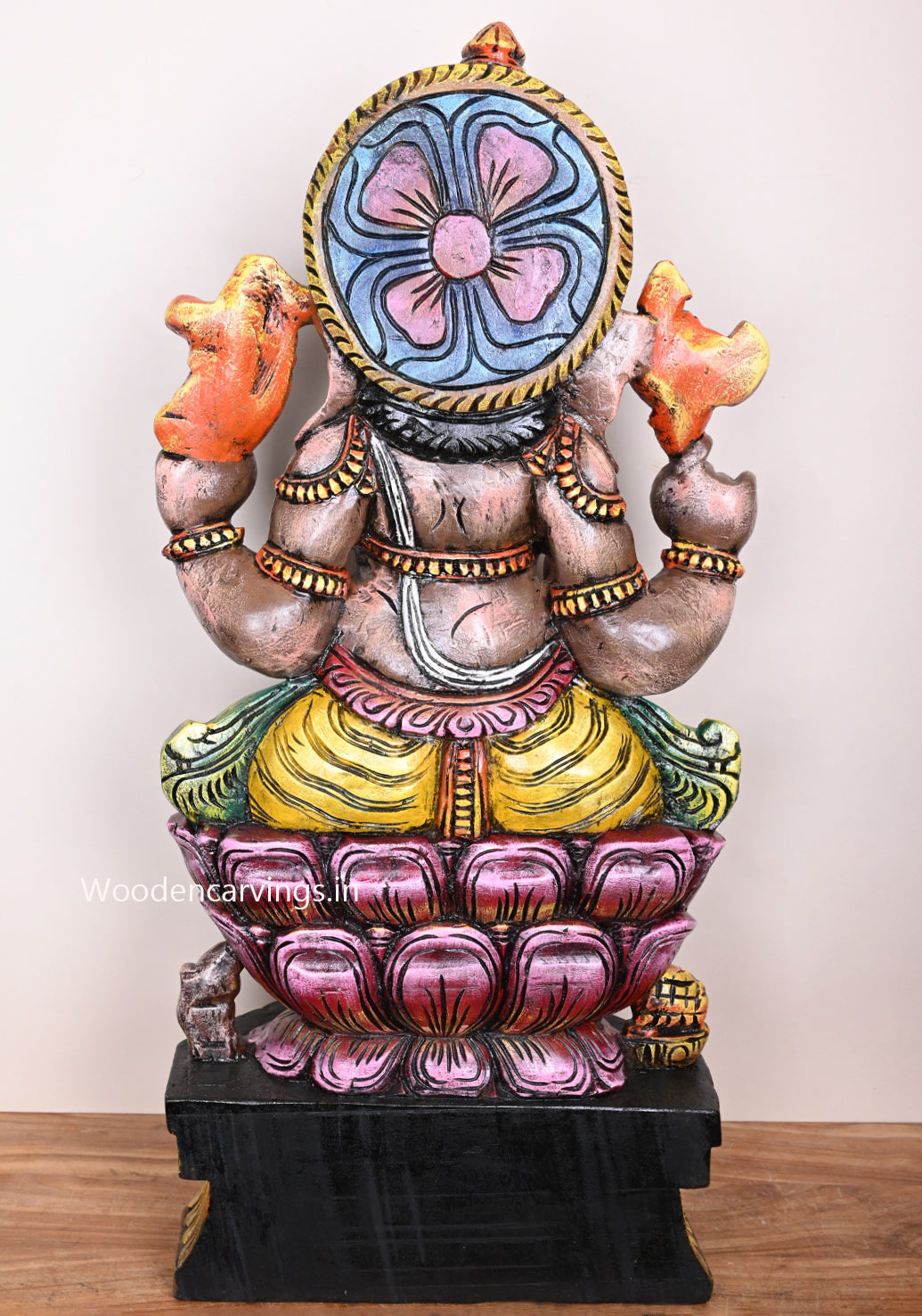 New Collection of Maha Ganapthy on Pink Lotus Wooden Handmade Multicoloured Work For Your Home Decorations 36"
