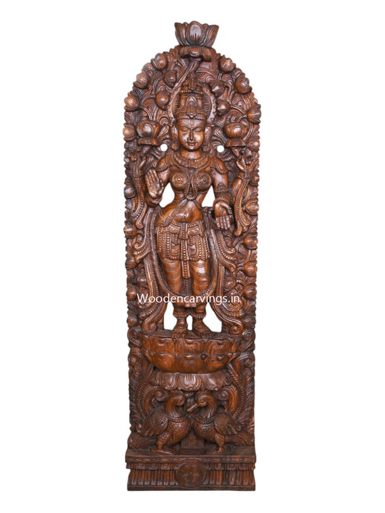 Outstanding Handmade Work of Goddess Maha Lakshmi Standing On Lotus and Blessing Wooden Jali Work Wall Mount 60"