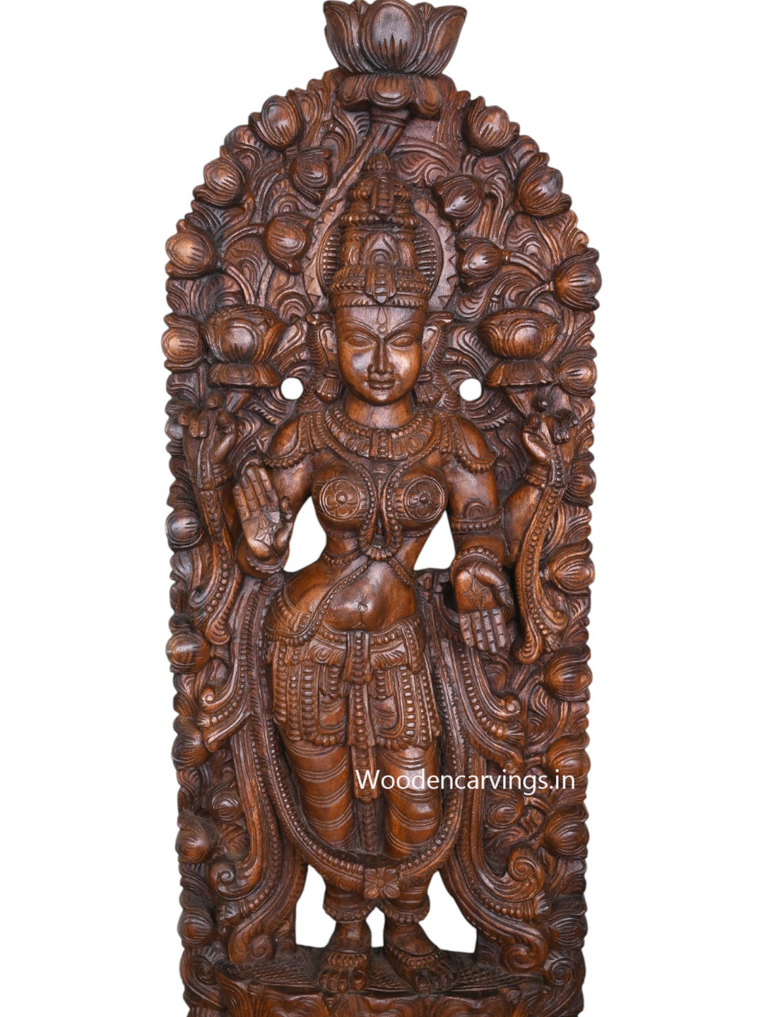 Outstanding Handmade Work of Goddess Maha Lakshmi Standing On Lotus and Blessing Wooden Jali Work Wall Mount 60"