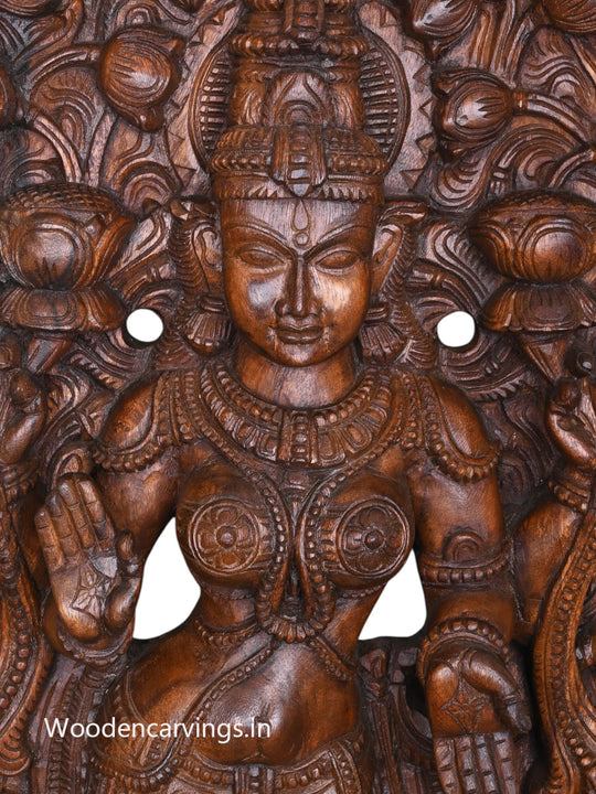 Outstanding Handmade Work of Goddess Maha Lakshmi Standing On Lotus and Blessing Wooden Jali Work Wall Mount 60"
