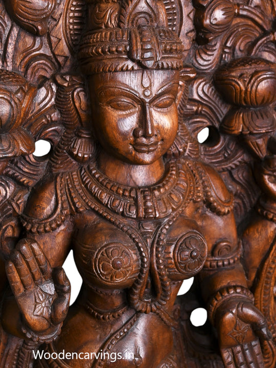 Outstanding Handmade Work of Goddess Maha Lakshmi Standing On Lotus and Blessing Wooden Jali Work Wall Mount 60"