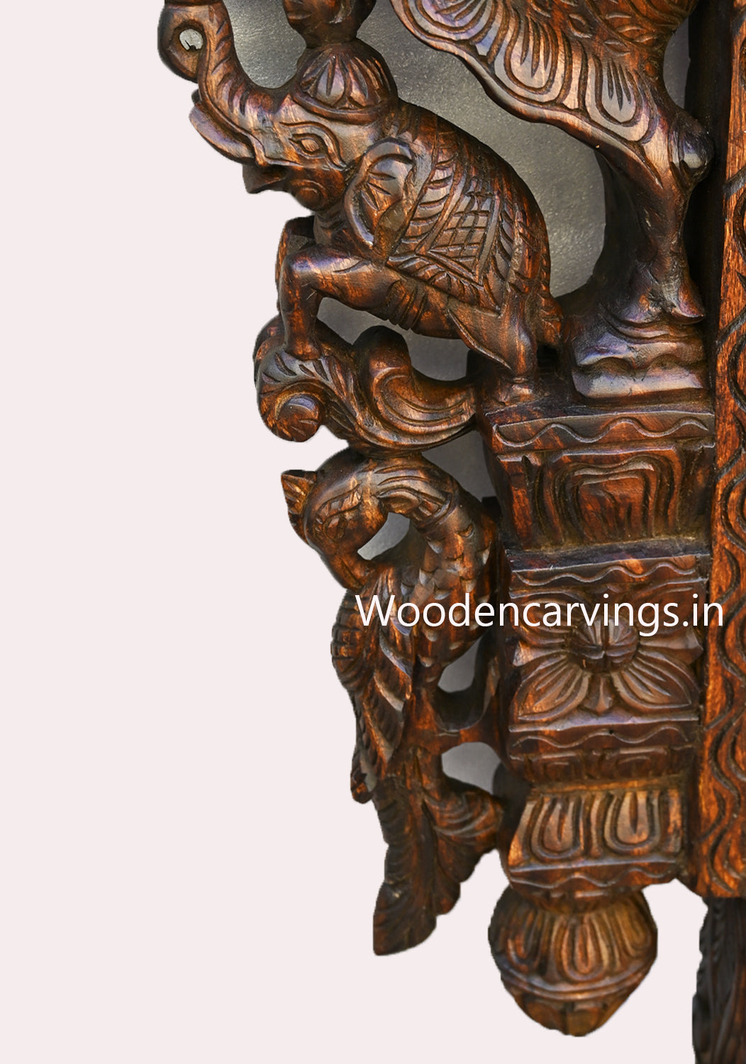 Wooden Paired Standing Wooden Yaazhi With Elephants and Parrots Decorative Handmade Vaagai Wood Wall Mount 43"