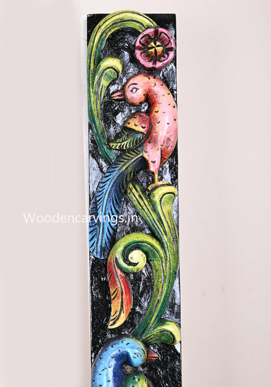 Colourful Wooden Wall Panel – 36" Floral Design with Peacocks Decor
