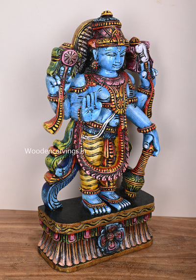 Standing Maha Vishnu Holding Gada Ayuth Four Arms Standing Wooden Coloured Sculpture 23"