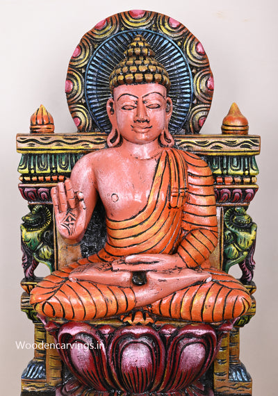 Wooden Seated Lotus Buddha Blessing Handmade Multicoloured Beautiful Sculpture 24"