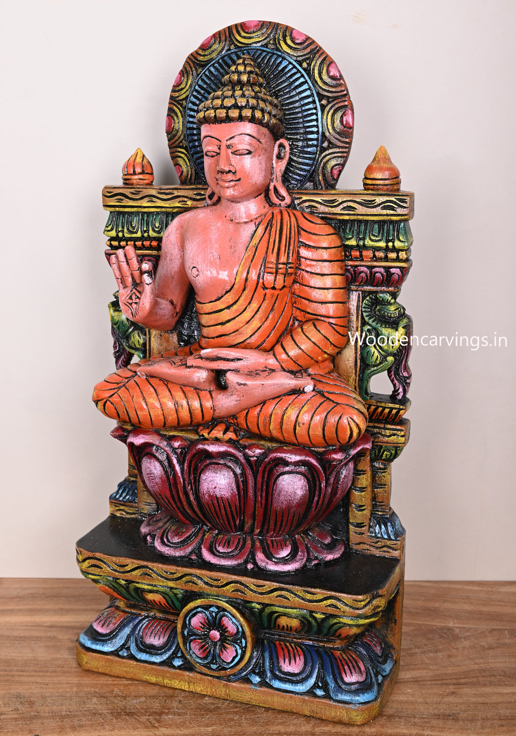 Wooden Seated Lotus Buddha Blessing Handmade Multicoloured Beautiful Sculpture 24"
