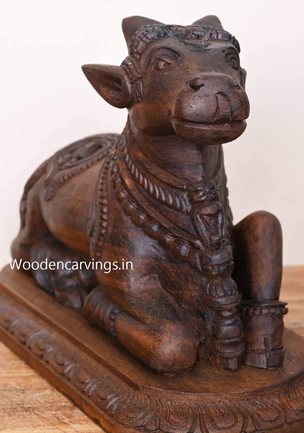 Wooden Lord Nandhi Bahavan Light Weight Wooden Wax Brown Finishing Handmade Sculpture 14.5"