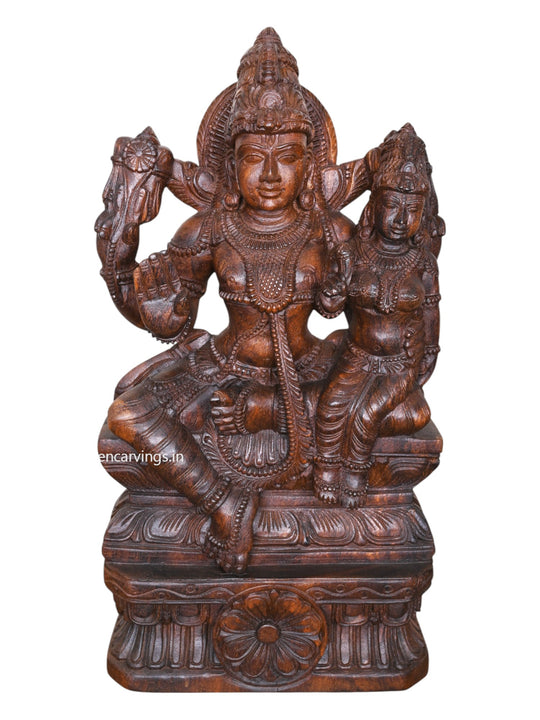 Blessing Lord Vishnu & Goddess Maha Lakshmi - Wax Brown Wooden Sculpture, 24"