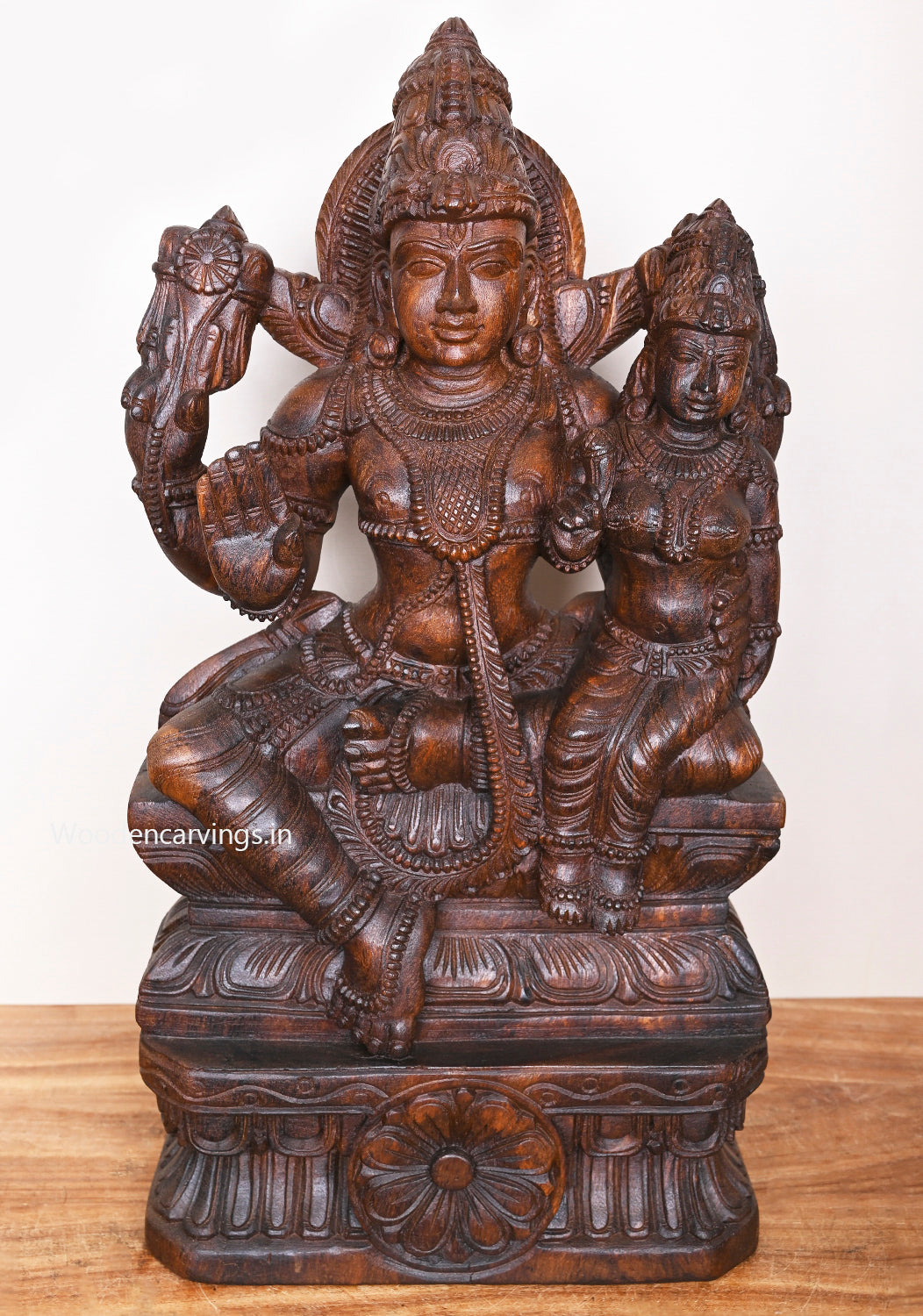 Blessing Lord Vishnu With Goddess Maha Lakshmi Wax Brown Finishing Wooden ArtWork Sculpture 24"