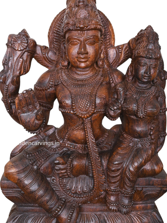 Blessing Lord Vishnu & Goddess Maha Lakshmi - Wax Brown Wooden Sculpture, 24"