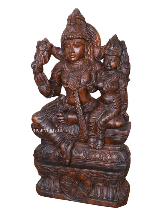Blessing Lord Vishnu & Goddess Maha Lakshmi - Wax Brown Wooden Sculpture, 24"