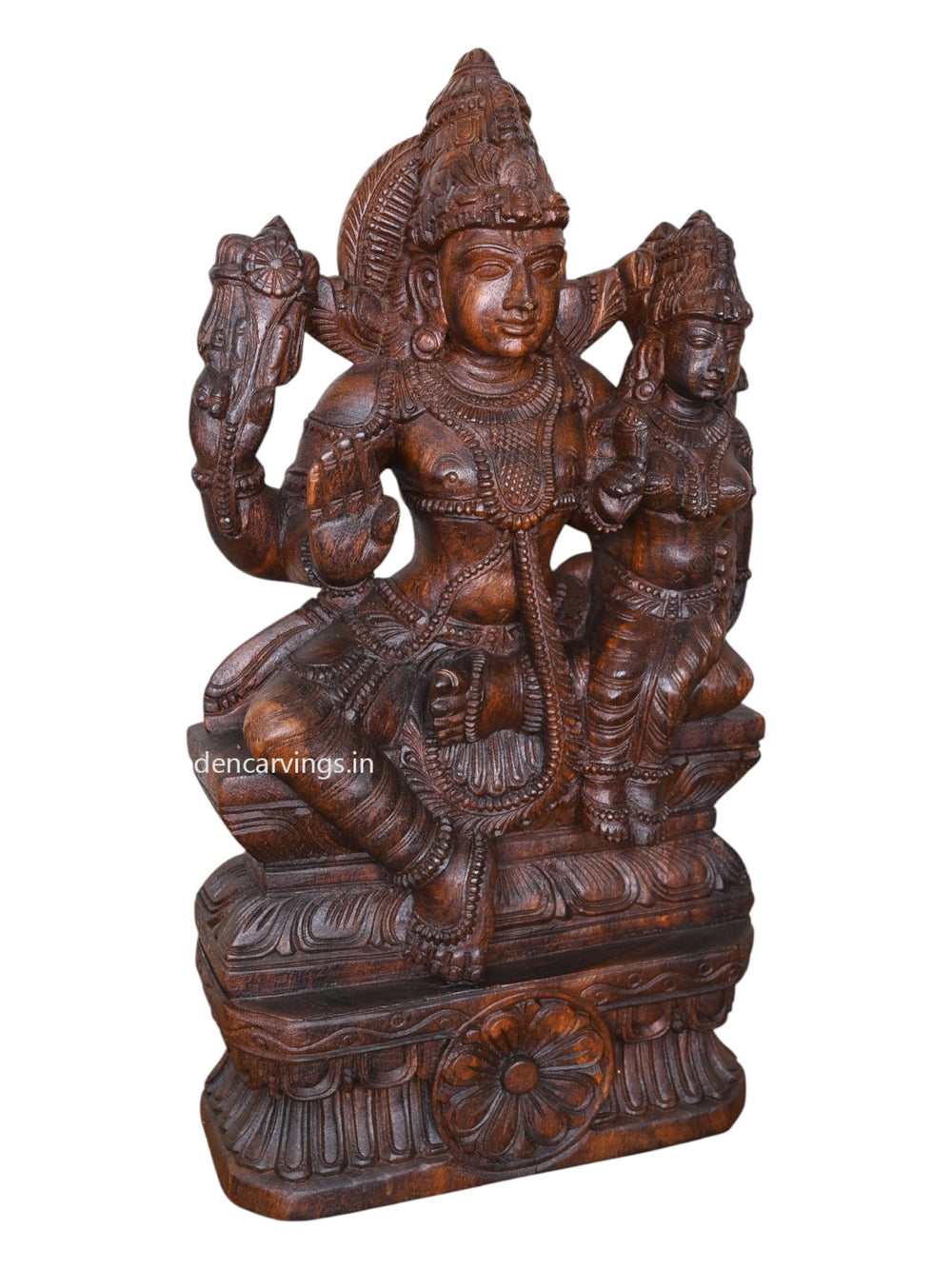Blessing Lord Vishnu & Goddess Maha Lakshmi - Wax Brown Wooden Sculpture, 24"