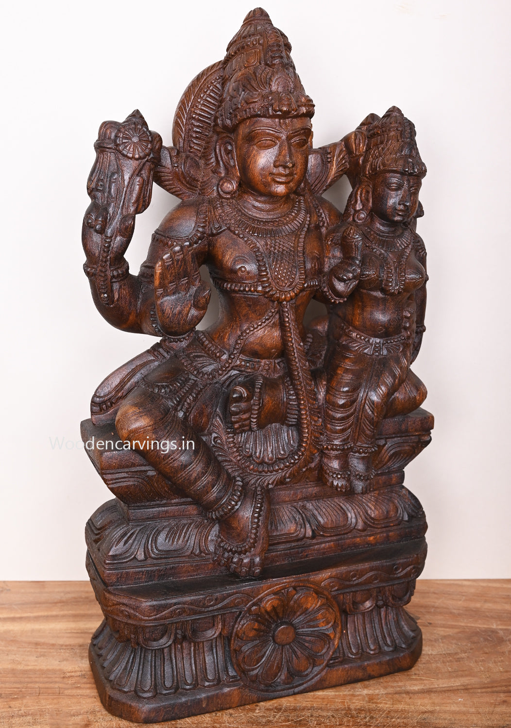 Blessing Lord Vishnu With Goddess Maha Lakshmi Wax Brown Finishing Wooden ArtWork Sculpture 24"