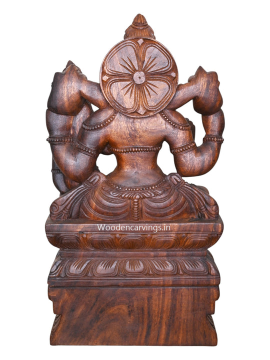 Blessing Lord Vishnu & Goddess Maha Lakshmi - Wax Brown Wooden Sculpture, 24"