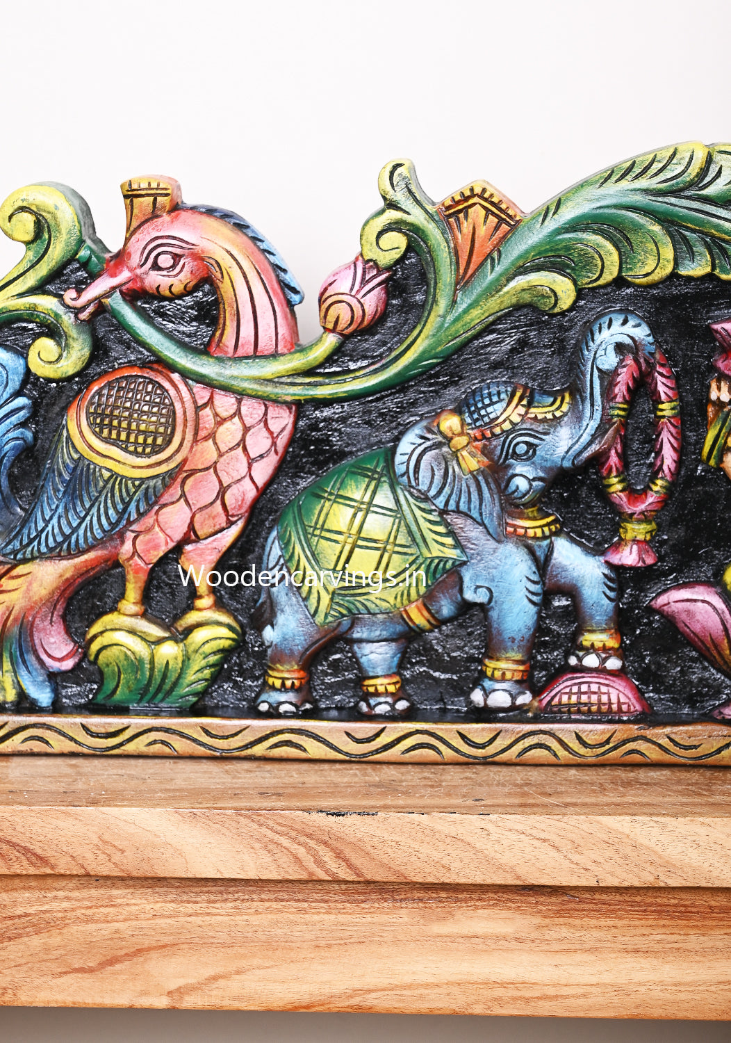 Goddess Gaja Lakshmi With Grey Coloured Elephants and Standing Hamsa Designed Coloured Wall Panel 35"