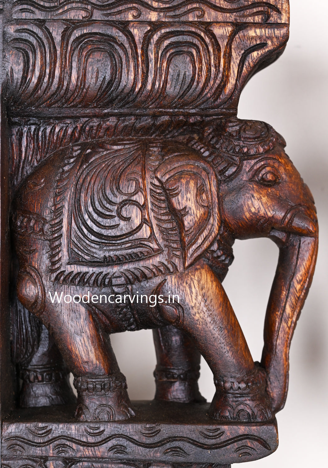 Light Weight Beautiful Art Work of Standing Paired Elephants Hooks Fixed Wooden Handmade Wall Brackets 12"