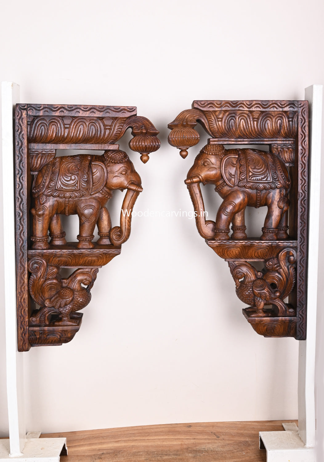 Standing Elephants With Paired Hamsa (Annapakshi) Wooden handcraft Wax Brown Finishing Wall Brackets 24"