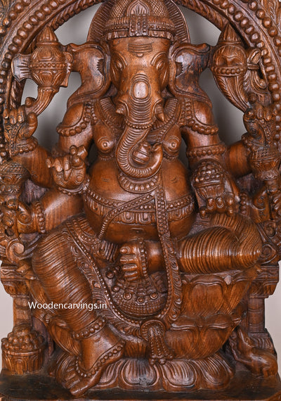 Wooden Beautiful Six Arm Ganesha Seated on Double Petal Lotus Wooden Handcrafted Sculpture 36"