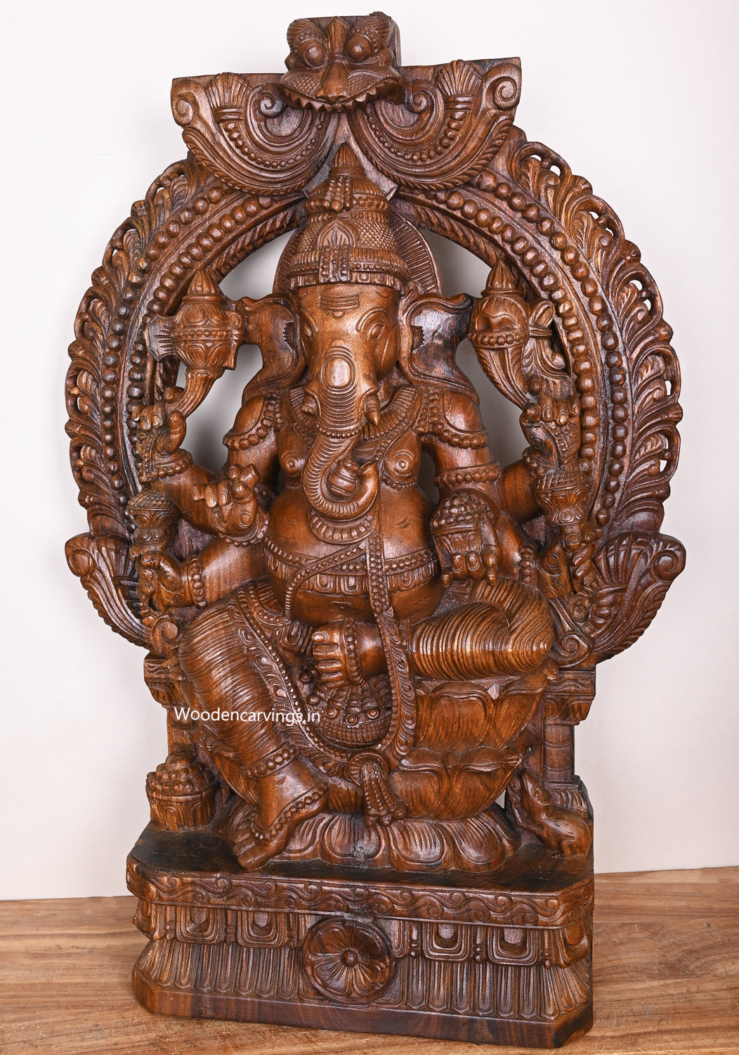Wooden Beautiful Six Arm Ganesha Seated on Double Petal Lotus Wooden Handcrafted Sculpture 36"