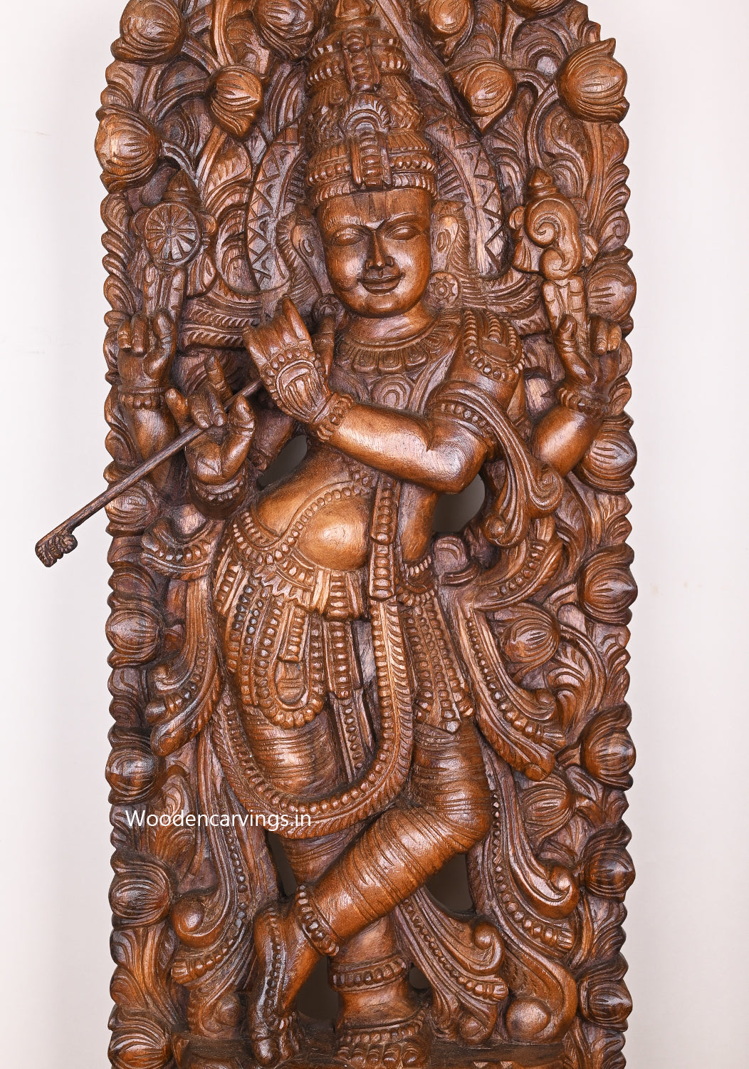 Stunning Jali Work Of Lord Krishna Playing With Flute on Flower Lotus Decorative Wooden Wall Mount 47"