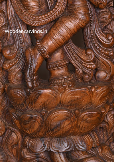 Stunning Jali Work Of Lord Krishna Playing With Flute on Flower Lotus Decorative Wooden Wall Mount 47"