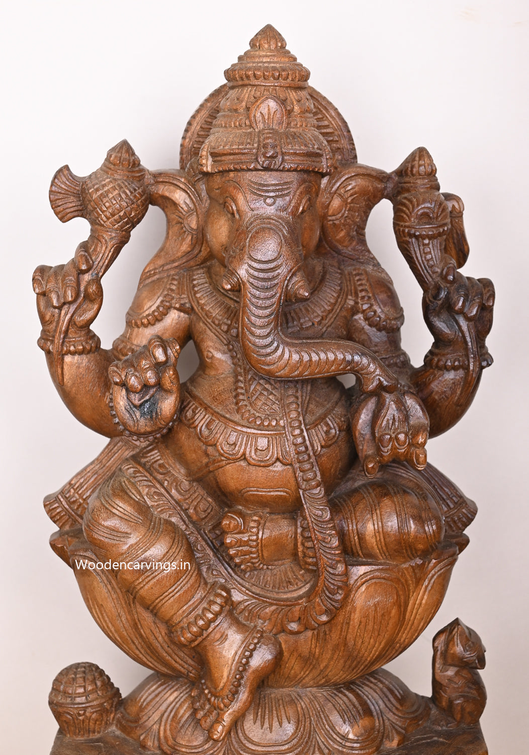 Lengthy Trunk Ganesha Eating Mango On Lotus Wooden Wax Brown Handmade Home Decor Sculpture 24"