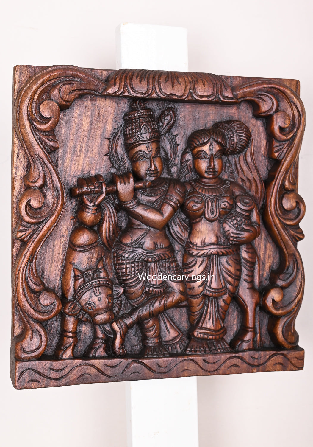 Square Flute Krishna With Beautiful Radha Floral Design Light Weight Wooden Wax Brown Wall Mount 12"