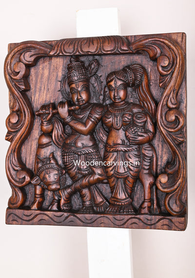 Square Flute Krishna With Beautiful Radha Floral Design Light Weight Wooden Wax Brown Wall Mount 12"