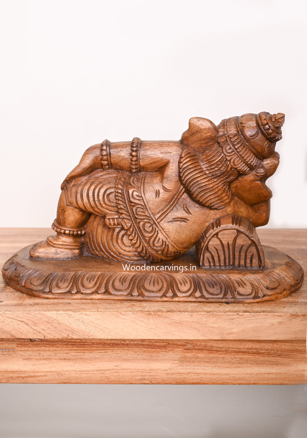 Wealthy Reclining On Pillow Light Weight Lord Ganesha Wax Brown Finishing Wooden Wall Mount 15"