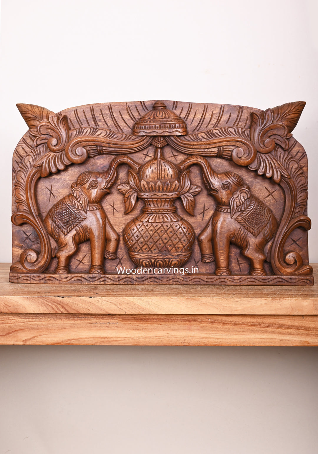 Pooja Gopura Kalasam With Gaja (Elephants) Hanging Entrance Decoration Wooden Wall Panel 24"