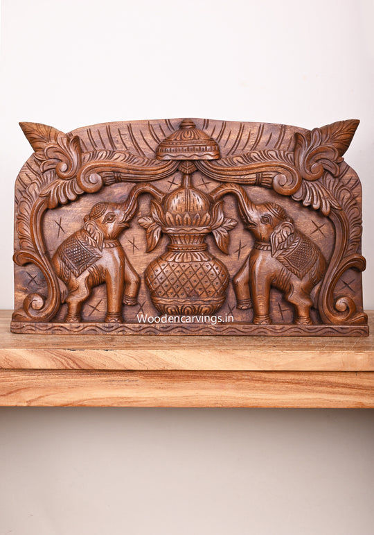 Pooja Gopura Kalasam With Gaja (Elephants) Hanging Entrance Decoration Wooden Wall Panel 24"