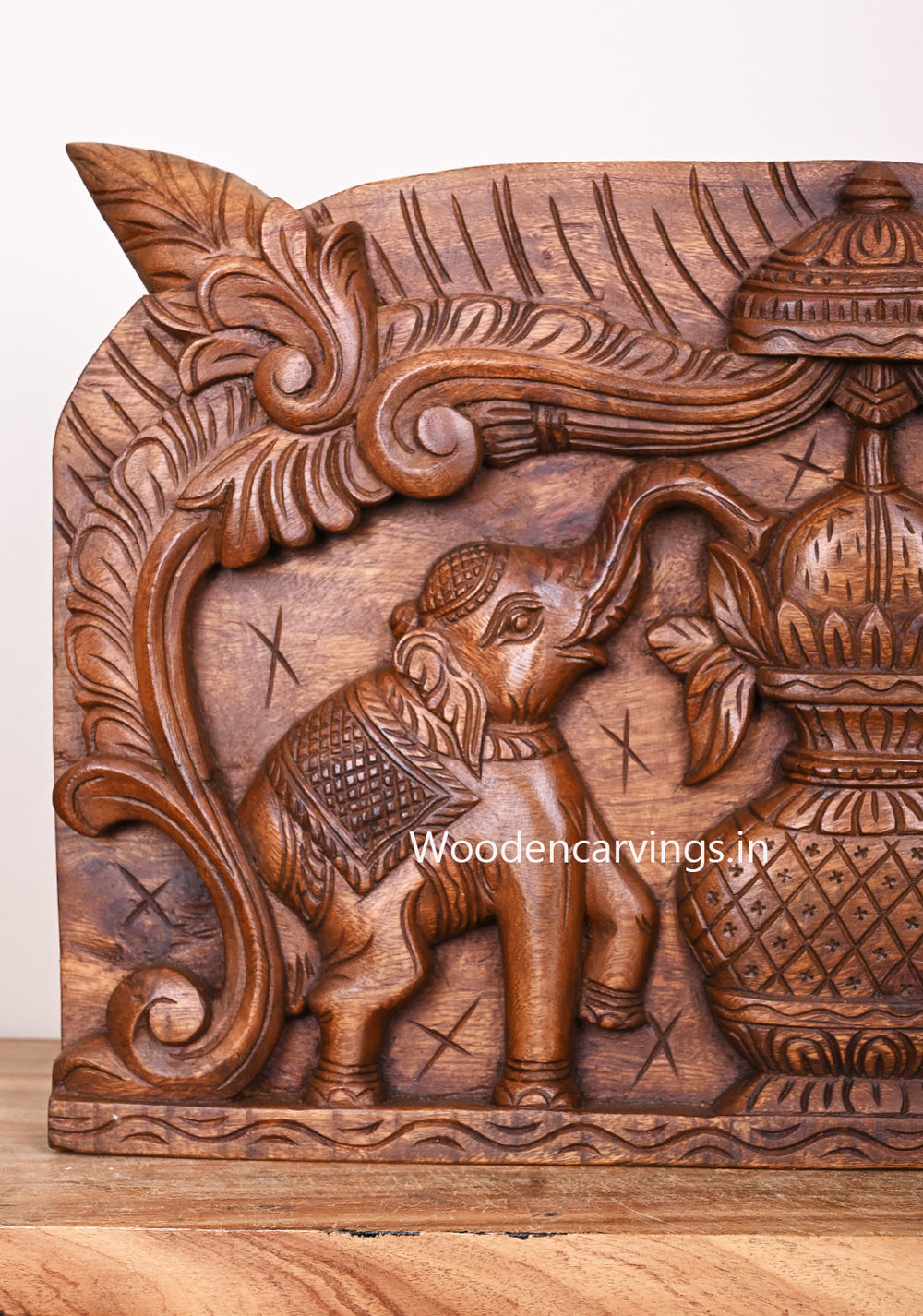 Pooja Gopura Kalasam With Gaja (Elephants) Hanging Entrance Decoration Wooden Wall Panel 24"