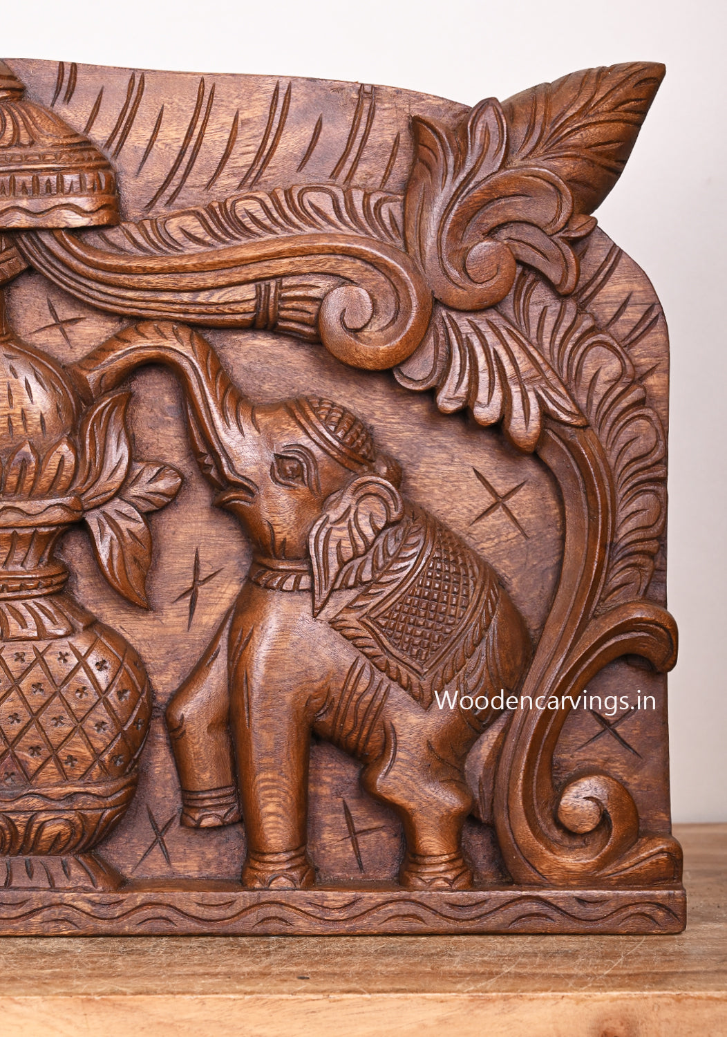 Pooja Gopura Kalasam With Gaja (Elephants) Hanging Entrance Decoration Wooden Wall Panel 24"